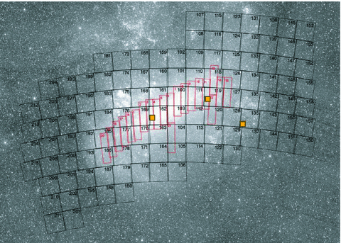Positions of the OGLE-III LMC fields (black). Also shown are all OGLE-II fields (red rectangles). The three small filled squares show the positions of the HST fields used for our blending determination. Background image credit: ASAS All Sky Survey.