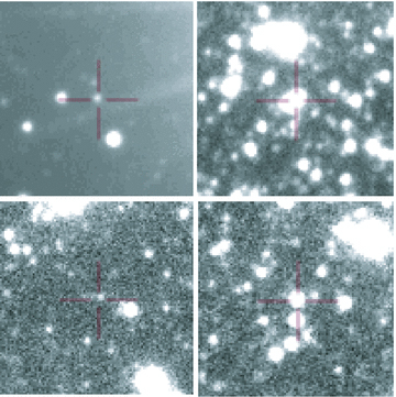 Finding charts of the four candidates for microlensing events. East is to the right, north is down. The side of each chart is 26 arcsec. Events 03 and 04 are shown on the top (from the left-hand to right-hand side, respectively), and events 05 and 06 are shown at the bottom. A cross marks the object on which the microlensing brightening was detected.