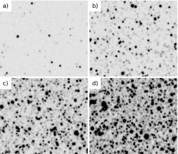 Simulated OGLE-III LMC images. The stellar density increases from panel (a) with log (N*/CCD chip) = 3.82 through panels (b) with log (N*/CCD chip) = 4.83 and (c) with log (N*/CCD chip) = 5.17 up to panel (d) with log (N*/CCD chip) = 5.32.