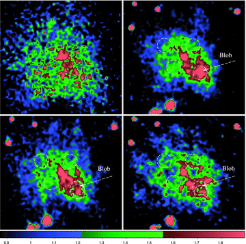 The PSR B0540−69.3 and its PWN obtained with HST/F547M in 1992 (upper left), in 1999 (upper right), in 2005 (lower left) and HST/F450W in 2007 (lower right). Note that the cut levels for the F540W image were compensated for the slope of the nebula’s spectral energy distribution (SED). The white circular apertures show the ‘blob’ position in 1999 and respective epoch, as well as three other areas selected for comparison. In the 2005 and 2007 images we have also made circular apertures for the 2005 position of the ‘blob’, and the expected 2007 position if the ‘blob’ displacement would be linear in time. Some stars projected on the PWN were subtracted off.