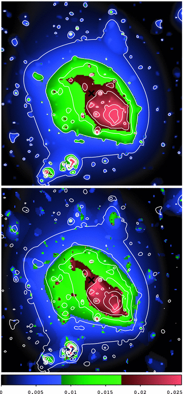 Upper: wavelet filtered continuum image of PWN 0540 obtained with HST/F547M in 1999 with overlaid contours. Lower: wavelet filtered continuum F547M in 2005 image with overlaid contours from the 1999 epoch. Note how the ‘blob’ structure and the structure just south-west of the pulsar change in morphology between these two epochs. For the structure close to the pulsar the strongest emission in the 2005 image is much wider than in the upper panel. The increased emission close to the pulsar could be new blob emerging.