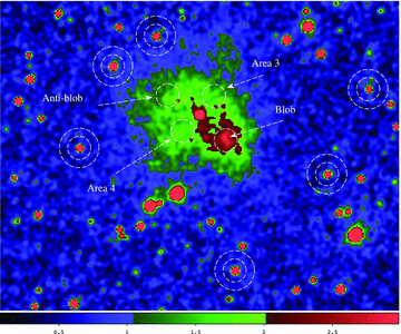 PSR B0540−69.3 and its PWN as observed with HST/F547M in 1999. The white circular apertures show the ‘blob’ position in 1999, the ‘antiblob’, ‘Area 3’ and ‘Area 4’, as well as six references stars (see text for more details). Some stars projected on the PWN were subtracted off.