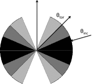 Geometry of the biconical torus distribution of matter used. The shading only serves to differentiate the different opening angles used, and does not correspond to density.
