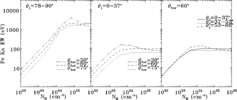 Predictions of the EW of the Fe Kα line for the torus distribution with varying torus opening angles and viewing angles. Left-hand panel: EW versus NH for equatorial viewing angles (78°–90°), and varying torus opening angles, θtor. Middle panel: EW versus NH for polar viewing angles (0°–37°), and varying torus opening angles, θtor. Right-hand panel: EW versus NH for different viewing angles, θi, with a fixed torus opening angle, θtor = 60°. All with fixed Γ = 2.