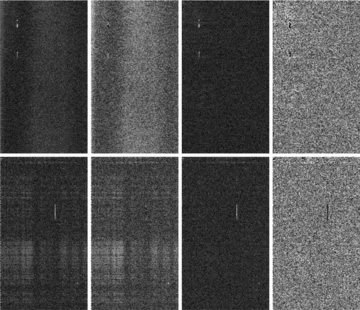 Representative stages in the data reduction pipeline. In each panel, the horizontal axis is frequency, covering approximately 1 MHz, and the vertical is time, increasing downward and covering approximately 1 h. The grey-scale is the cross-power spectral density. The top row is the C0–C8 baseline and the bottom row the C0–W4 baseline, which are approximately 560 and 9400 m, respectively. The large bright patches indicate broad-band RFI, and the vertical lines indicate line RFI. The first panel in each row is the initial input data. The second is after the initial 8σ mask, with most interference still visible. The third panel is after removing the largest eigenvalues in the SVD. The broad-band interference is no longer visible. The last panel shows the final 3σ mask removing the line RFI, leaving a nearly uniform image.