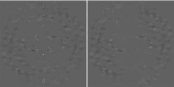 Raw visibilities with (u, v) distance |b| < 200 before the SVD RFI removal step (left) and after the RFI removal (right). The bright patterns in the central vertical strip (low |u|) are caused by RFI, and are significantly reduced by the SVD procedure. The effect of this process on the final power spectrum is considered in Section 3.2.