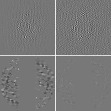 Data from December 10. The top row is the sky image with a 11.4° field of view, with |b| < 200 and |u| > 60 binned in the (u, v) plane by Δu = 5. The bottom row is the visibilities in the same range with Δu = 0.4 to show structure. The left-hand column is before any foreground subtraction. In this image the dominant source is B2 0825+24 (or 4C 24.17) just south of the FWHM of the primary beam, with a peak value of 2.2 Jy. rms within the beam is 343 mJy. The right-hand column is after a 0.5 MHz subtraction. The peak value of this image is 47 mJy with an rms of 6.2 mJy, lower by a factor of about 50. If put on the same grey-scale as the image without foreground subtraction no features would be visible. The dominant source after this filter is 3C 200, well outside the beam.