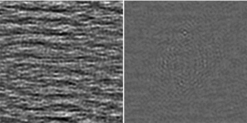 Dirty sky images before the SVD RFI removal step (left) and after the RFI removal (right) with |b| < 200, after the 0.5 MHz foreground subtraction. The field of view is 114. RFI clearly dominates the map on the left, with peak value of 73 mJy and an rms of 18 mJy. After RFI removal, the peak drops to 32 mJy with an rms of 4.2 mJy.