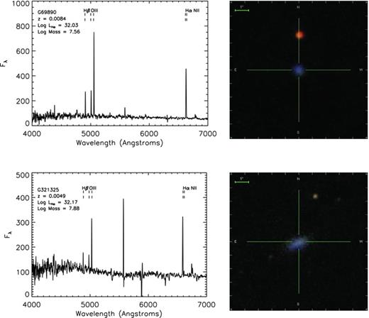 AAOmega spectra (with prominent emission lines marked) and SDSS multicolour images of (in each panel) GAMA galaxies: G69890 and G321325. Names, redshifts, Hα luminosities (W) and stellar masses (M⊙) are given in each panel. The scale bar given in the images corresponds to 5 arcsec, at the redshifts of these systems that is equivalent to 0.8 kpc (G69890) and 0.5 kpc (G321325).