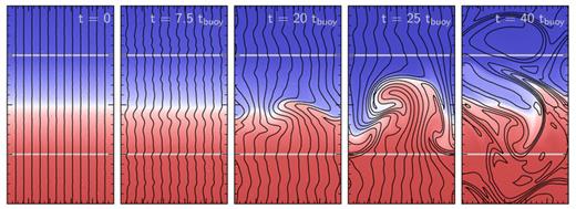 Evolution of the MTI in a plasma with an initially vertical magnetic field in a local, 2D simulation (simulation m2 in Table 2). This configuration is linearly stable according to equation (7), but there are zero-frequency, kx = 0, modes which do not have a restoring force. Physically, these correspond to horizontal motions which do not feel gravity/buoyancy. Because of these zero-frequency modes, small random initial perturbations add a horizontal component to the magnetic field, eventually rendering the plasma unstable to the MTI. This creates a feedback loop, allowing the MTI to generate vigorous, sustained convection; the HBI does not have this same feedback loop and so does not generate sustained turbulence (Fig. 2). At late times, the results of this simulation with an initially vertical magnetic field are very similar to Fig. 5 which starts with a horizontal magnetic field.