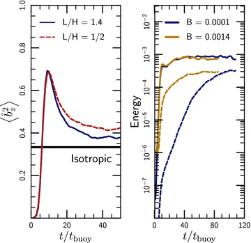 Left-hand panel: evolution of the magnetic field orientation in 3D MTI simulations, for two different values of the size of simulation domain relative to the temperature scaleheight L/H. During the linear phase of evolution (t≲ 10tbuoy), the MTI drives the plasma towards a nearly vertical magnetic field, i.e. . When the instability becomes non-linear, however (near t∼ 10tbuoy), the evolution changes. Unlike the HBI, the plasma never settles into an equilibrium state; instead the MTI drives vigorous turbulence. This turbulence amplifies and nearly isotropizes the magnetic field. Right-hand panel: evolution of the magnetic (dashed line) and kinetic (solid line) energy in local (L/H = 1/2) 3D MTI simulations, with different initial field strengths. These local simulations have a positive entropy gradient, but underpredict the magnetic and kinetic energy produced by the MTI. The magnetic energy in the saturated state approaches ∼10 per cent ×ρv2.
