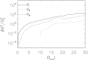 Change of volume-averaged magnetic energy in the r, θ and ϕ components of the magnetic field normalized to the initial magnetic energy in a shell from rout/40 to rout as a function of time in model L2. In this model, the magnetic field is amplified by the MTI. The growth of each component of the magnetic field is defined as δB2r,θ,ϕ = (〈B2r,θ,ϕ〉V−B2r,θ,ϕ,0), where 〈〉V denotes volume average and B0 is the initial field strength.