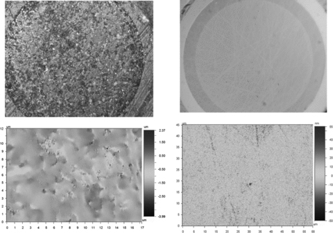 DIC microscope image 100× objective (top) and profilometer surface contour plot resolution 0.08 μm (bottom). Left-hand column: 12-μm lapping step (δ = 245-nm rms). Right-hand column: 0.3-μm lapping step (δ = 8-nm rms).