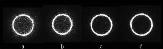 fits images of the FFP for a test fibre with various end-face surface roughnesses: (a) 245-nm rms, (b) 164-nm rms, (c) 12-nm rms and (d) 8-nm rms. θin = 8°=f/3.6, λ = 632.8 nm.