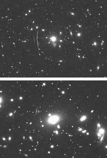 Two examples of realistic simulated lensed images. The two 160 × 100 arcsec2 images are of the same cluster at redshift z = 0.4 (top panel), and after it has evolved to z = 0.2 (bottom panel).