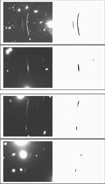 Four examples of simulated arcs (left half of each panel) and their detections by the arcfinder algorithm (right halves).