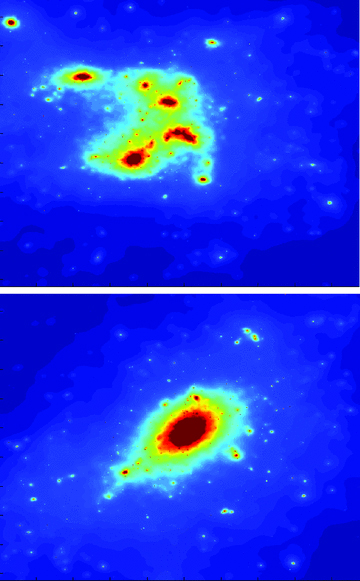 A surface mass density map (in arbitrary units) of two of the four most massive clusters at z = 0.6. As seen in the figure, one of the clusters (top panel) is composed of several separate clumps and is still in the process of formation, compared to the other cluster (bottom panel) that is more relaxed.
