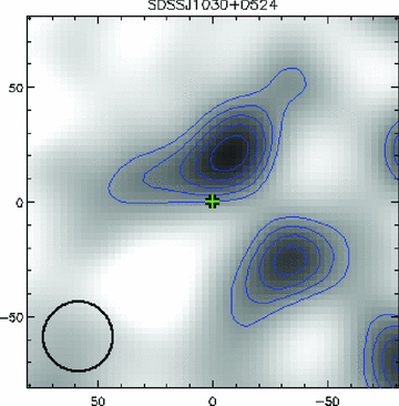 Postage stamp of the 1.1-mm AzTEC signal-to-noise ratio map for the z = 6.3 radio-quiet quasar SDSS J1030+0524. The 160 × 160 arcsec2 field (or 0.9 × 0.9 Mpc2 in physical units) is centred on the optical position, which is marked by a cross. Contours start at 2σ and increase linearly by 1σ. The FWHM of the beam is shown in the lower left corner. We do not detect the 1.1-mm counterpart of this galaxy.
