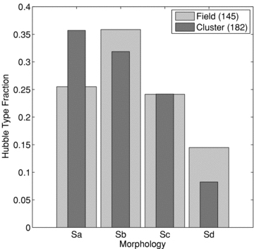 The distribution of Hubble-type morphologies for the final field (light grey) and cluster (dark grey) spiral galaxy samples. Respective sample sizes are shown in the legend. A significant excess of earlier types (Sa) is observed in the cluster environment.
