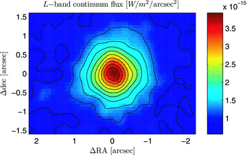 The L-band continuum map of NGC 1614: the integrated UIST image obtained by summing over all channels excluding those around the PAH emission features.