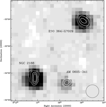 The HIPASS image of the galaxy group containing AM 0605−341, NGC 2188 and ESO 364−G?029. Because of the large beam size (shown at bottom right), these galaxies were unresolved in the HIPASS image. Overlaid are contours of the LVHIS integrated H i intensity distribution which have been enlarged (×3) so that they are visible on the wide field HIPASS image. Both NGC 2188 and AM 0605−341 have extensions of H i gas which we propose is of tidal origin.