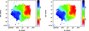 Left: the observed H i velocity field of the LG irregular galaxy IC 5152. Right: the model velocity field masked using the region defined by the observed velocity field.