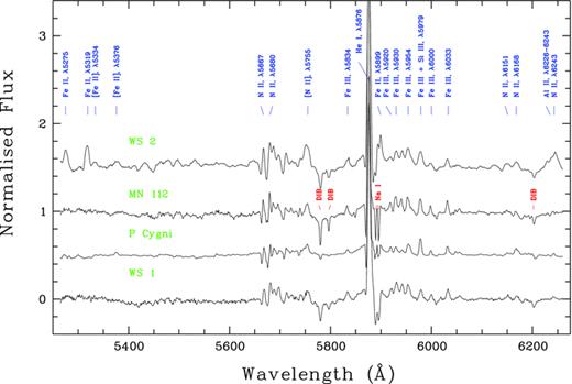 Comparison of normalized green spectra of WS1 and WS2 along with spectra of the prototype LBV P Cygni and cLBV MN112. The principal lines and most prominent DIBs are identified.