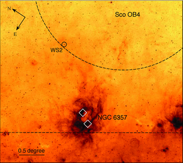 MSX 8.3‐μm image of the star‐forming region NGC 6357 (containing the star clusters Pismis 24 and AH03 J1725−34.4; indicated by diamonds) and its environments. The position of WS2 is marked by a small circle. The approximate boundary of the Sco OB4 association is shown by a large dashed circle. The Galactic plane is shown by a dashed line.