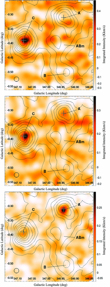 Top: C34S(J= 1–0) vLSR=−13.5 to −9.5 km s−1. Middle: HC3N(J= 5–4) vLSR=−13.5 to −9.5 km s−1. Bottom: HC3N(J= 5–4) vLSR=−11.0 to −9.0 km s−1.