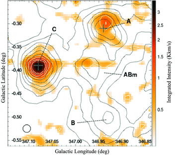 Mopra CS(J= 1–0) integrated-intensity image (vLSR=−13.5 to −9.5 km s−1) with Nanten2 CO(J= 2–1) (vLSR=−18 to 0 km s−1) contours (black) and two 8 m point sources indicated by crosses. CO(J= 2–1) contours span 5–40 K km s−1 in increments of 5 K km s−1. CS(J= 1–0) contours (white) are also shown, spanning from 0.4 to 2.0 K km s−1 in increments of 0.4 K km s−1. The beam FWHM of Mopra at 49 GHz is displayed in the bottom left-hand corner.