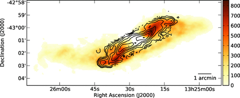 H i map of the disc region of Cen A in units of 1019 cm−2 from Struve et al. (2010; colour scale), with a beam of 19 arcsec. JCMT CO J= 3–2 contours with a resolution of 14.5 arcsec are overlaid in black. CO contour levels are 0.4, 0.8, 1.6, 3.2, …, 25.6 and 38.4 K km s−1, where the temperature units are TA*.