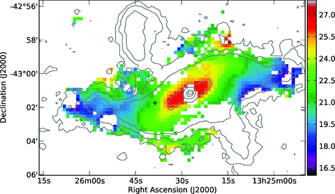 Temperature map of the dust disc of Cen A (colour scale), in units of degrees kelvin. Contours of the 500-μm SPIRE map are shown in grey for reference. The contours for the 500-μm image are 0.0139, 0.0347, 0.0694, 0.347, 0.694, 1.39, 2.78, 4.17 and 4.86 mJy arcsec−2. The black cross is the location of the pixel for which the best-fitting SED is shown in Fig. 3. Note that the central region does not have any reasonable fits due to the non-thermal emission present in the 350- and 500-μm maps.