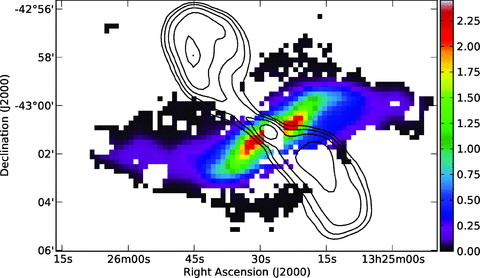 Dust mass map of Centaurus A. Units of the colour scale are M⊙ pc−2. Contours of the 1.425-GHz radio continuum are overlaid in black to show the regions where synchrotron radiation is present.