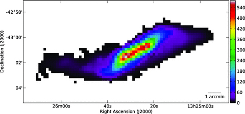 The total gas mass distribution of the disc of Cen A. This map includes both the H i mass distribution, as well as the H2 mass, where we have coverage for it, and has been multiplied by 1.36 to account for helium as well. Units for the colour scale are M⊙ pc−2.