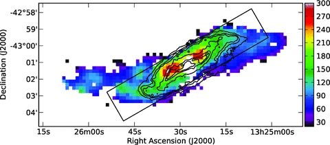 Gas-to-dust mass ratio of Centaurus A (colour scale), with PACS 70-μm contours (at original resolution) overlaid in black. Contour levels are 0.75, 1.5, 2.5, 7.5, 20 and 37.5 mJy arcsec−2. The box shown in black highlights the region in the disc for which the gas contribution is from H i and H2, and is 10 × 2 arcmin2 in size.