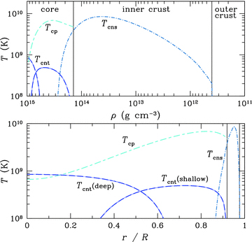 Superfluid critical temperatures as a function of density (top panel) and normalized stellar radius (bottom panel). Critical temperatures Tcns (dot–short-dashed), Tcnt (dot–long-dashed) and Tcp (dashed) are for neutron singlet, neutron triplet and proton singlet, respectively. Neutron triplet pairing is taken to be described by either the shallow or deep model (see text). Vertical solid lines indicate the approximate boundaries between the core and inner crust (at near nuclear saturation, i.e. ρ≈ρnuc/2) and inner and outer crusts (at neutron drip, i.e. ρ≈ 4 × 1011 g cm−3).