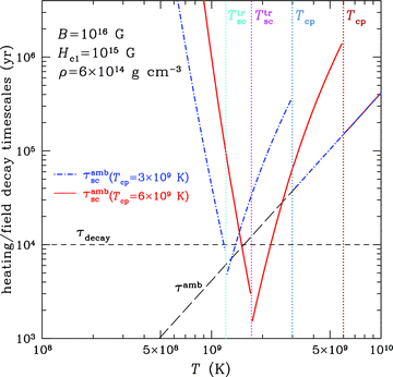 Core heating and field decay time-scales used in this work as a function of temperature for typical parameter values. Long-dashed line is (solenoidal) ambipolar diffusion time-scale τamb in normal matter (see equation 18), dot–dashed and solid lines are ambipolar diffusion time-scales which account for proton superconductivity at Tcp= 3 × 109 K and 6 × 109 K, respectively (see equation 25), and short-dashed line is the field decay time-scale τdecay (=104 yr; see equation 19). Vertical dotted lines denote the critical temperatures for proton superconductivity Tcp and temperatures for transition between solenoidal and non-solenoidal modes of ambipolar diffusion (see equation 24).