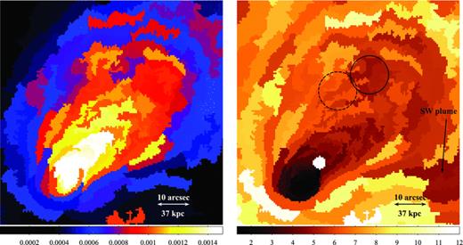 Left-hand panel: projected pseudo-pressure map of the subcluster tail with S/N ≥ 32 in each bin (in units of keV cm−5/2 arcsec−2). Right-hand panel: projected temperature map (in units of keV) of the same region with S/N ≥ 32. The excluded central AGN is visible as a small white circle. The circles mark a region where the temperature gradient through the subcluster tail reverses from 6–6.5 keV (dashed) to 5 keV gas (solid).