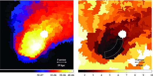 Left-hand panel: projected emission measure per unit area map of the subcluster core with S/N ≥ 15 in each bin (in units of cm−5 arcsec−2, see Fig. 4). Right-hand panel: projected temperature map (in units of keV) of the same region with S/N ≥ 22. The white dashed region marks the cold gas filament. The excluded central AGN is visible as a small white filled circle in both images.