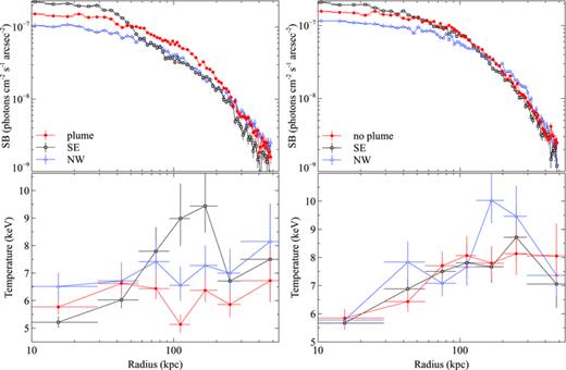 Surface brightness and temperature profiles for the plume and no-plume sectors shown in Fig. 5. The NW and SE profiles refer to additional, comparison sectors positioned on either side of the plume and no-plume sectors.