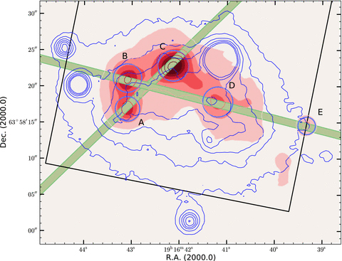 Hα image of NGC 6789 from Gil de Paz, Madore & Pevunova (2003) with the identification of the observed knots (labelled from A to E). We show the regions for which the Hα flux was measured and the position of the two slits for the observations described in the text. The R-band contours show the position of the host galaxy. Finally, we also plot part of the rectangle encompassing the FOV of the PC chip of the WFPC2 data used to obtain the resolved stellar photometry described in Section 3.2. North is up and east is towards the left-hand side.
