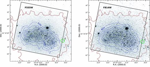 HST WFPC2 images of NGC 6789 in continuum filters F555W and F814W. The solid contours are drawn from FUV and NUV GALEX images, respectively. The dashed contour corresponds to the isophote at 3σ over the level of the sky background of the Palomar/Las Campanas Hα image. The aperture of knot E defined in the Hα image and the rectangle encompassing the FOV of the PC chip of the WFPC2 data are also shown for reference. North is up and east is towards the left-hand side.