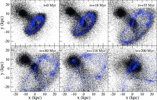Future evolution of the best-match model from our current view (t= 0 Myr) until t=+200 Myr into the future. While the ring continues to expand, the nucleus falls further behind the plane of the ring along the path of the stellar bridge. It eventually merges with the elliptical at t=+100 Myr. The ring ceases to expand at t∼+200 Myr. We estimate the system will be entirely merged by t=+400 Myr.