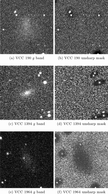 SDSS g-band and unsharp masks for the faint dEs detected in H i, using circular profiles with kernel sizes of 10 pixels. Images are 1.7 arcmin across.