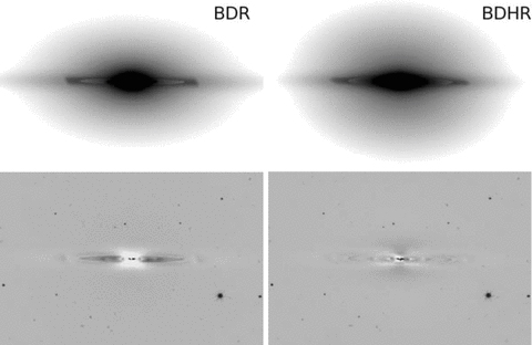 Images of the full galfit models (top) and the corresponding residual images (bottom) after subtraction of the models from the IRAC image. Left: model BDR (bulge+disc+rings); right: model BDHR (bulge+disc+halo+rings). The images are in the same scale and display levels as in Fig. 7.