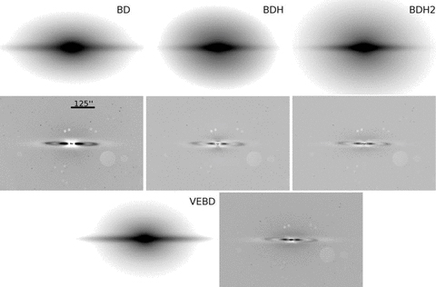 Images of the full budda models (top) and the corresponding residual images (bottom) after subtraction of the models from the IRAC image. From left to right: bulge+disc model, bulge+disc and exponential halo model, bulge+disc and Sérsic n > 2 halo model. The top images are in the same scale and display levels as in Fig. 1. The residual images are all in the same scale and display levels. The one at left shows clearly that the bulge model is too luminous when the stellar halo component is not included. The two panels in the last row are the corresponding images for model VEBD, i.e. bulge with varying ellipticity+disc.