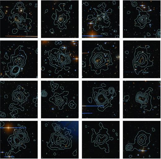 A selection of optically confirmed XCS clusters as imaged by the NOAO-XMM Cluster Survey (NXS) and classified as gold in ZooNXS. These clusters have corresponding redshifts and X-ray temperature measurements, and none of them has been previously catalogued in the literature. False colour-composite images are 3 × 3 arcmin with X-ray contours overlaid in blue. From left to right and top to bottom, the compilation displays the clusters: XMMXCS J130649.9−233128.5 at z= 0.21; XMMXCS J232221.3+193855.0 at z= 0.23; XMMXCS J205405.9−154736.5 at z= 0.27; XMMXCS J223852.3−202612.2 at z= 0.35; XMMXCS J011140.3−453908.0 at z= 0.367; XMMXCS J075427.8+220950.9 at z= 0.40; XMMXCS J232124.6+194514.8 at z= 0.40; XMMXCS J063945.9+821847.3 at z= 0.41; XMMXCS J003439.4−120715.8 at z= 0.44; XMMXCS J011624.2+325717.0 at z= 0.45; XMMXCS J092545.7+305856.9 at z= 0.52; XMMXCS J212748.7−450151.9 at z= 0.56; XMMXCS J011023.8+330544.1 at z= 0.60; XMMXCS J011632.1+330325.0 at z= 0.64; XMMXCS J100115.5+250611.5 at z= 0.763 and XMMXCS J025006.4−310400.8 at z= 0.91.