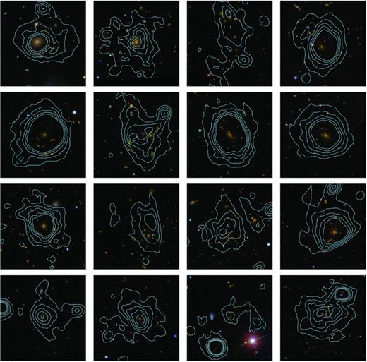 A selection of optically confirmed XCS clusters as imaged by SDSS DR7 and classified as gold in ZooDR7 (Section 4.1). False colour-composite images are 3 × 3 arcmin with X-ray contours overlaid in blue. From left to right and top to bottom, the compilation displays the clusters: XMMXCS J115112.0+550655.5 at z= 0.08; XMMXCS J010858.7+132557.7 at z= 0.15; XMMXCS J123019.6+161634.1 at z= 0.20; XMMXCS J001737.4−005235.4 at z= 0.21; XMMXCS J092018.9+370617.7 at z= 0.21; XMMXCS J100047.4+013926.9 at z= 0.22; XMMXCS J083454.8+553420.9 at z= 0.24; XMMXCS J130749.6+292549.2 at z= 0.24; XMMXCS J170041.9+641257.9 at z= 0.24; XMMXCS J133254.8+503153.1 at z= 0.28; XMMXCS J092052.4+302804.8 at z= 0.29; XMMXCS J141832.3+251104.9 at z= 0.29; XMMXCS J105318.5+572043.7 at z= 0.34; XMMXCS J115824.6+440533.9 at z= 0.41; XMMXCS J153629.7+543920.8 at z= 0.41 and XMMXCS J111515.6+531949.5 at z= 0.47.
