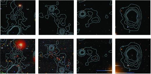 Four examples of XCS-DR1 clusters classified as bronze in ZooDR7 (Section 4.1) that were subsequently classified as gold or silver in ZooNXS or ZooS82. False colour-composite images are 3 × 3 arcmin with X-ray contours overlaid in blue. Images from SDSS DR7 are shown above the corresponding deeper image (Stripe 82 on far- and mid-left, NXS on far- and mid-right). From left to right the clusters are: XMMXCS J030205.1−000003.6 at z= 0.65; XMMXCS J030317.4+001238.4 at z= 0.59; XMMXCS J083115.0+523453.9 at z= 0.52 and XMMXCS J083025.9+524128.4 at z= 0.99.