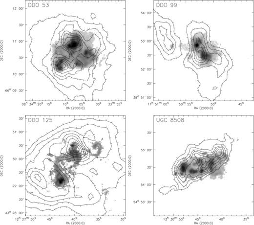 A comparison of surface brightness distributions in Hα (shades of grey) and H i density (contours). The data on the neutral hydrogen for DDO 53 are adopted from the THING survey (Oh et al. 2011), for the other of galaxies – from the FIGGS survey (Begum et al. 2008).